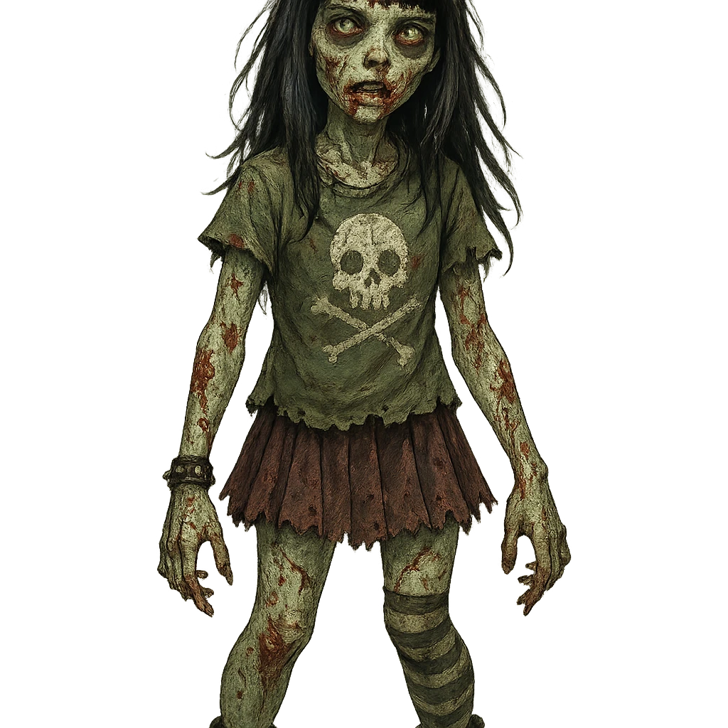 zombie girl with light skin, long black hair with bangs, unique style, detailed character design emoji