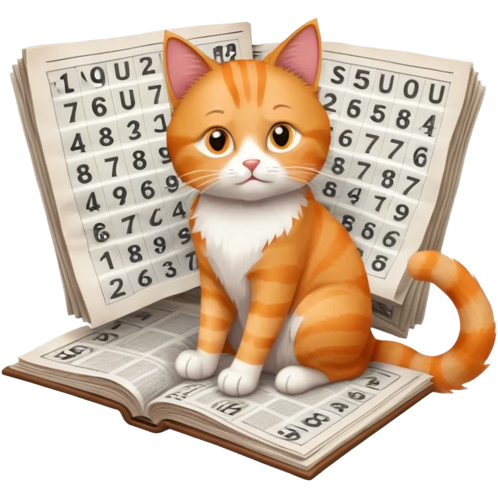 cat solving sudoku puzzles in a newspaper, concentrating on numbers, puzzle-solving cat with newspaper emoji