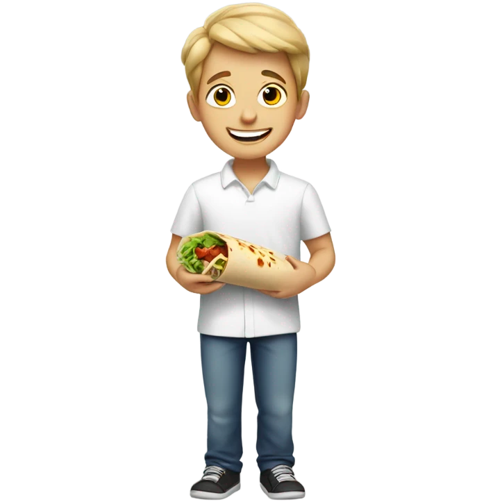 smiling boy in white shirt eating a burrito  emoji