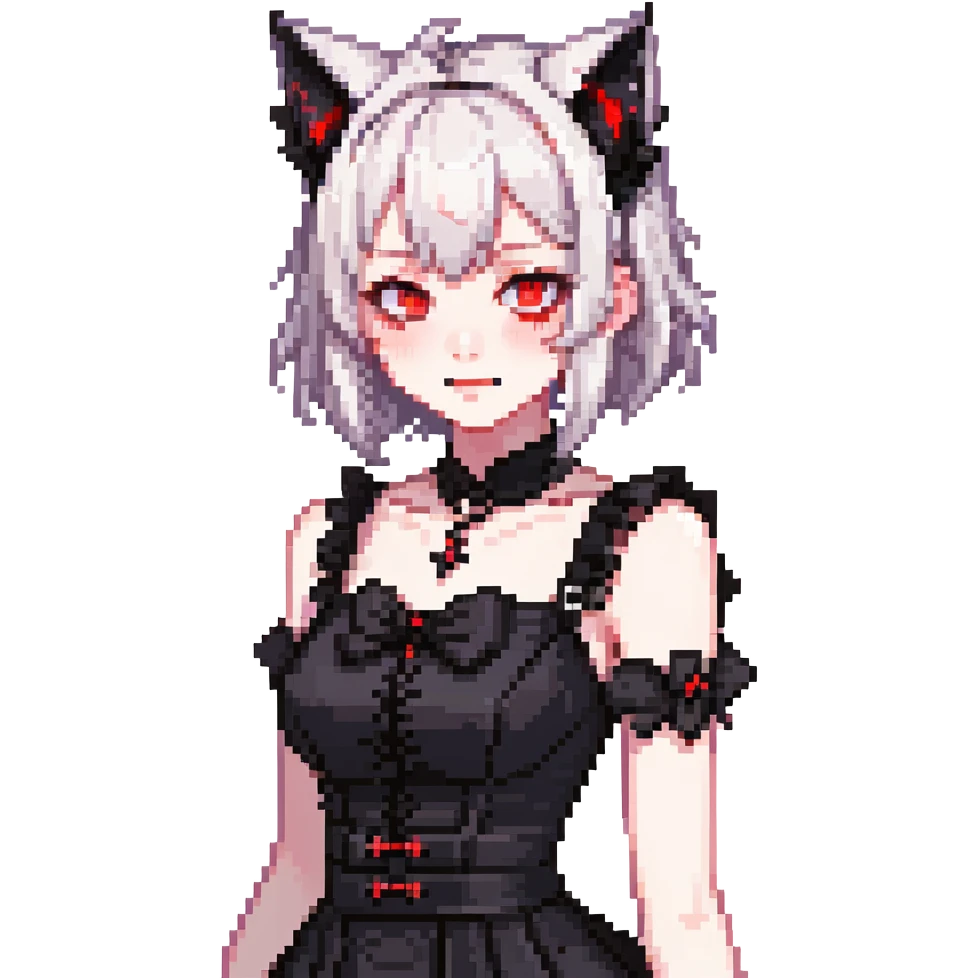 neko anime girl emoji, gothic black dress, glowing red eyes, fanged smirk, pale skin, cat ears, dark vibe emoji