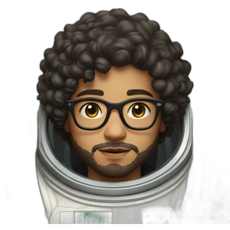 Light skinned Boy with black short curly hear and beard and glasses wearing a white astronaut suit with the saudi flag behind him emoji