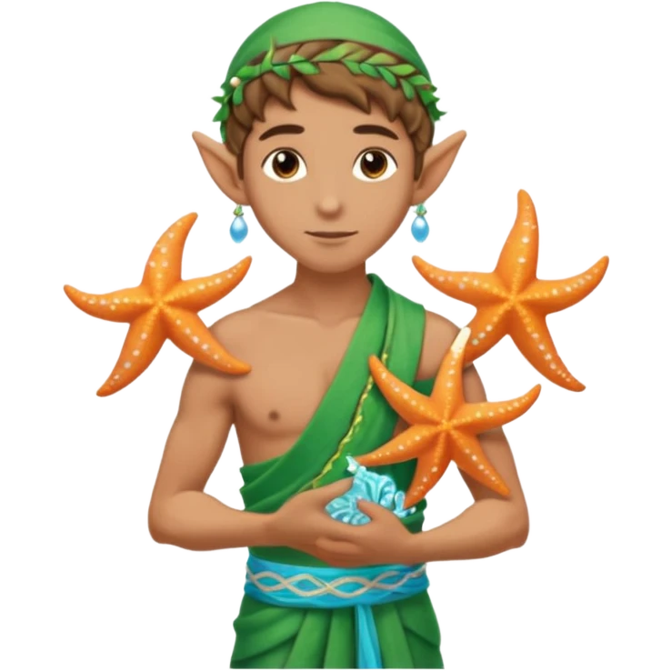 elf male Sarong with bioluminescent embroidery, armful of starfish, hair in a braid with pearl pins. emoji