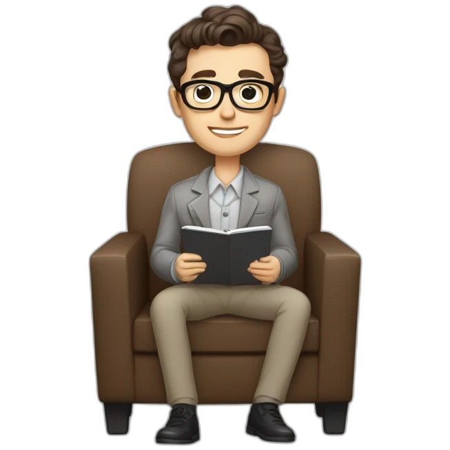Pale skinned Fit Man With dark brown hair in gray jacket, beige office shirt, Brown pants and vintage glasses sitting In a soft chair with a notebook with emblem Ψ and a pen in his hands emoji