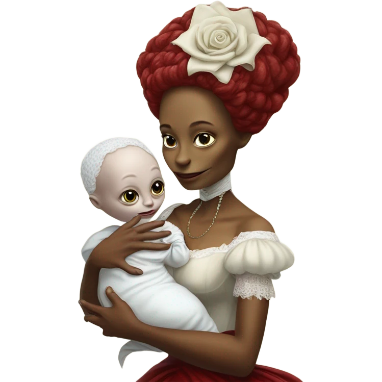  Reptilian alien woman , full body, in victorian red elegant dress , holds a newborn white humman baby emoji