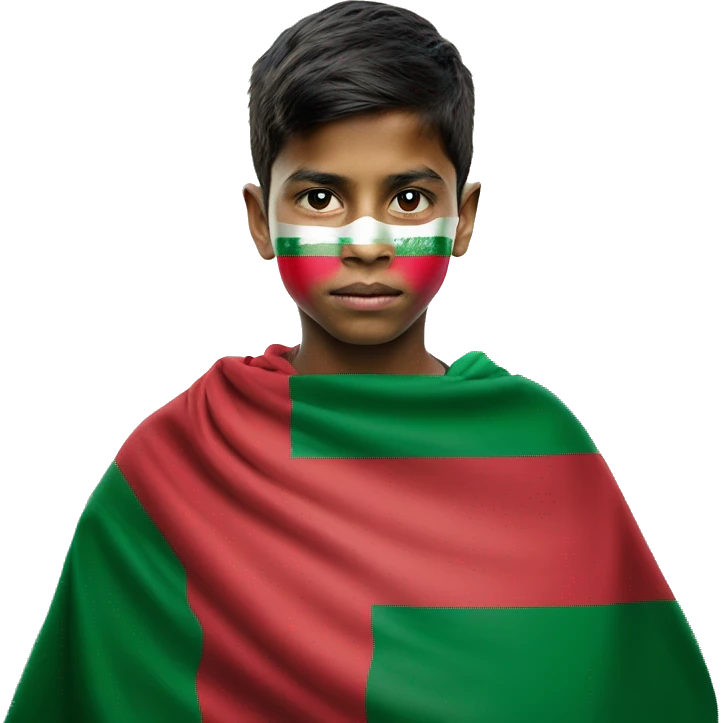 Bangladesh flag behind, a 18 year young boy in front , red cloth covering his face emoji
