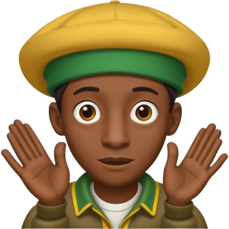 Lanky black guy with hunchback with hands out and Jamaican hat emoji