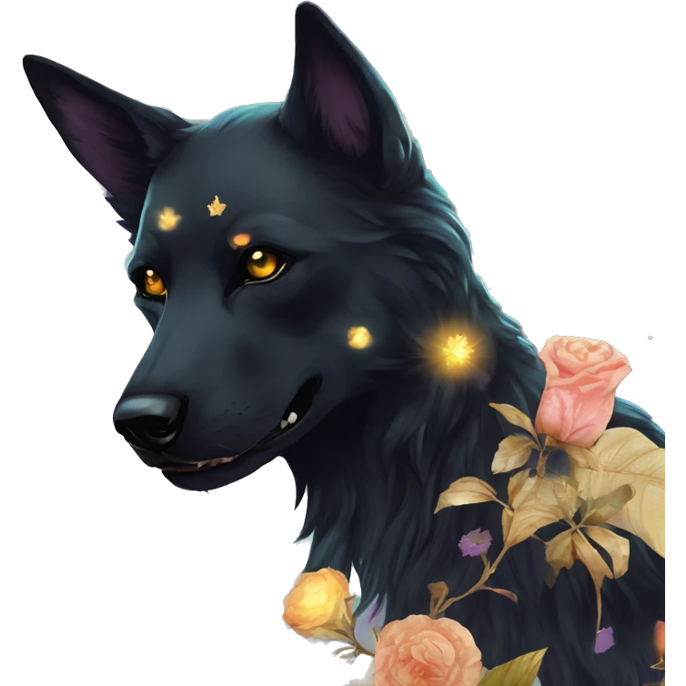 Black iridescent fluffy dog fox head zombie skull skeleton gold mechanical nebula galaxy stars colorful flowers fairy lights vintage emoji