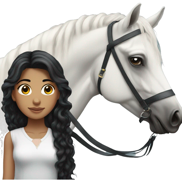  White Brazilian girl, long black curly hair, standing next to a black Arabian horse emoji