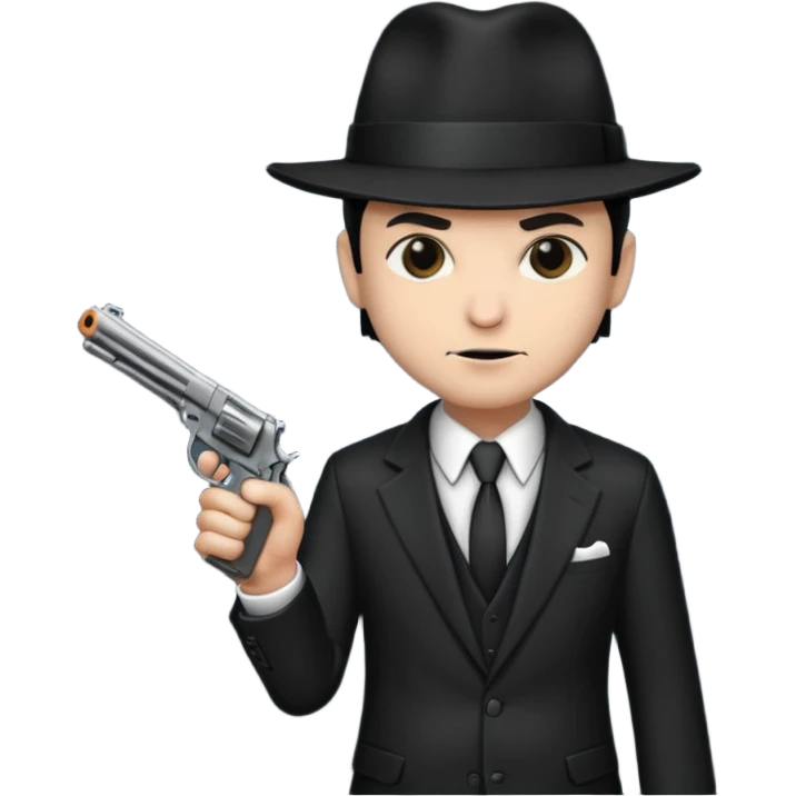 Mafia enforcer, suit and tie, black hat, gun emoji