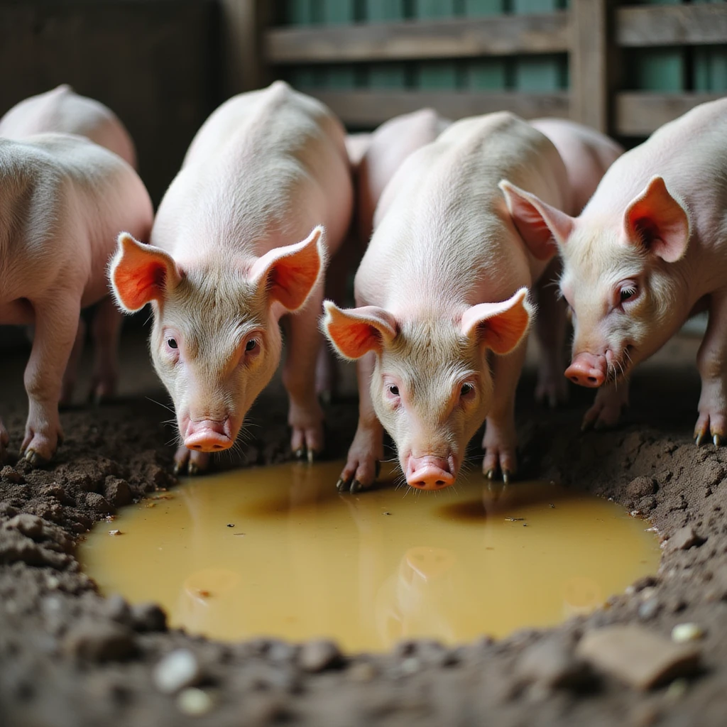 realistic scene of a group of pigs in a muddy pen, one pig lowering to drink from a yellowish puddle, rural atmosphere, natural details, 4K quality emoji