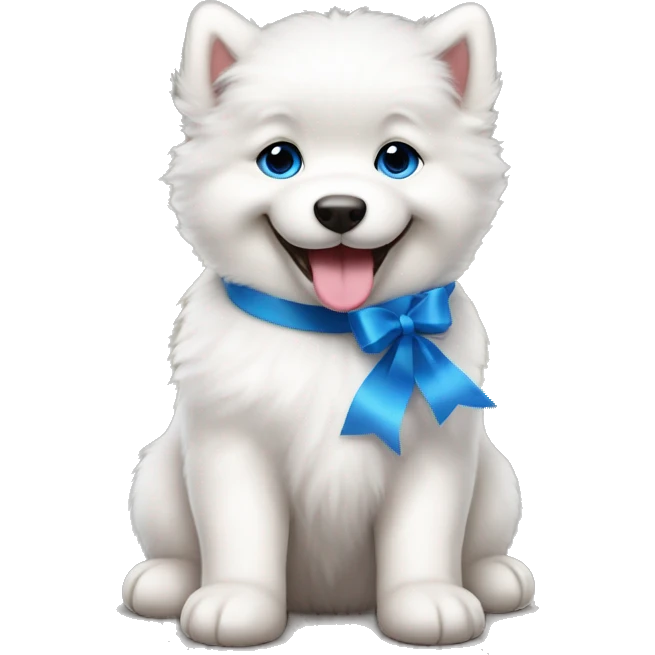 Samoyed puppy with big eyes and tongue smiling with blue Ribbon 
 emoji
