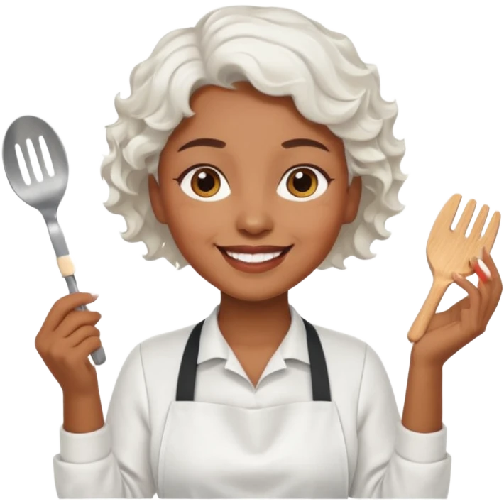woman, brown skin, white short wavy hair, with apron emoji