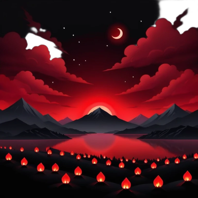 Edgy Black night sky crimson-blood-red glowing lights  Aesthetic scene scenery full picture  emoji