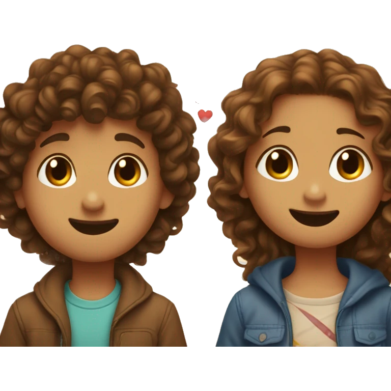 Boy with brown curly hair kiss a girl with brown long hair and a heart is over the heads  emoji