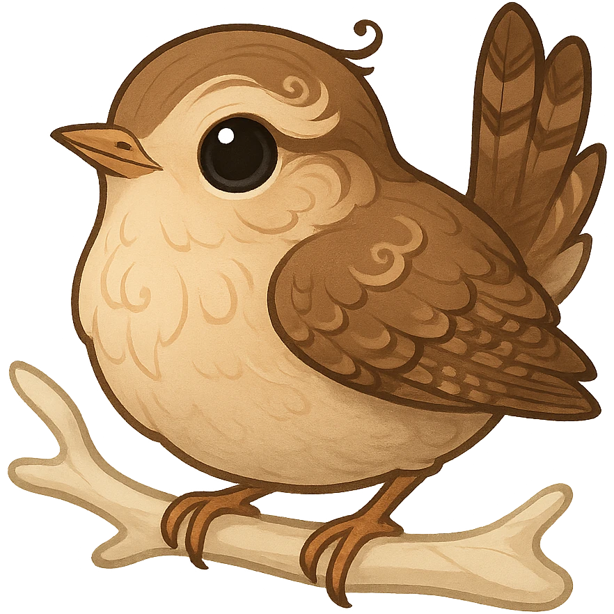 whimsical wren bird perched on a pale alabaster branch, elegant fantasy-inspired details, emoji style emoji