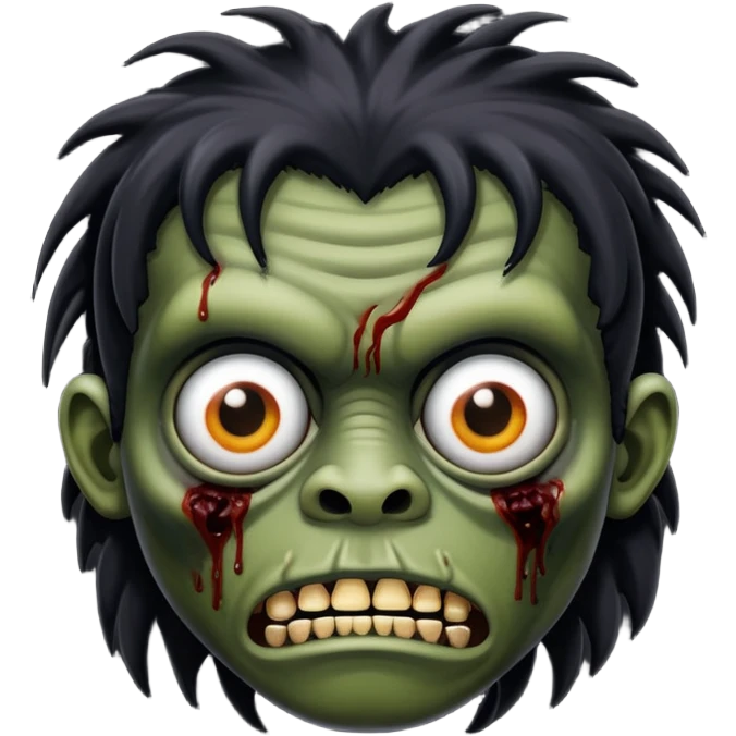 Um zumbi com cabelo longo preto e liso, uma franja rala e olhos castanhos emoji