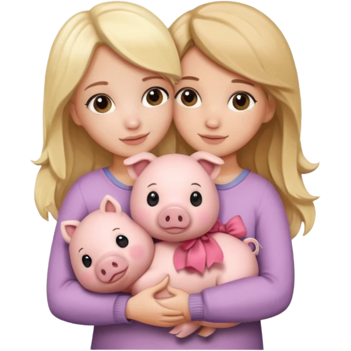 Girlfriends, blonde and brunette, hugging each other with a teddy bear and a little pig. Teddy emoji