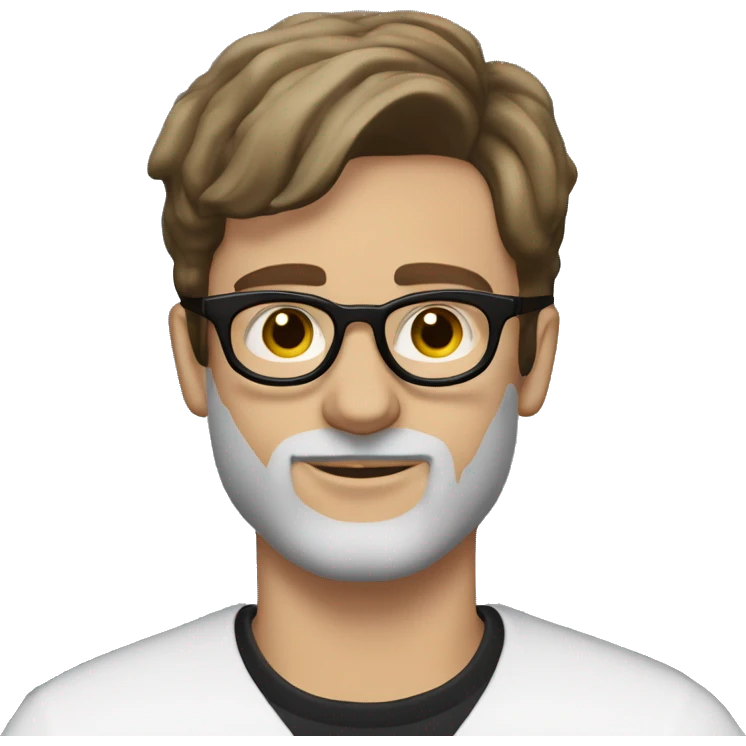 a guy with brown hair laid back, brown eyes in balenciaga glasses with a mole on his left cheek below lip level and a beard only in the chin area emoji