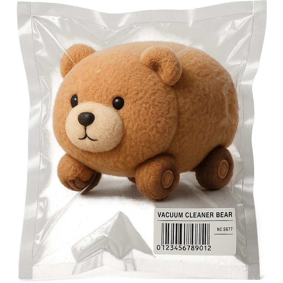 fluffy vacuum cleaner bear rolling adorably with tiny paw wheels, soft brown pastel, full-body emoji