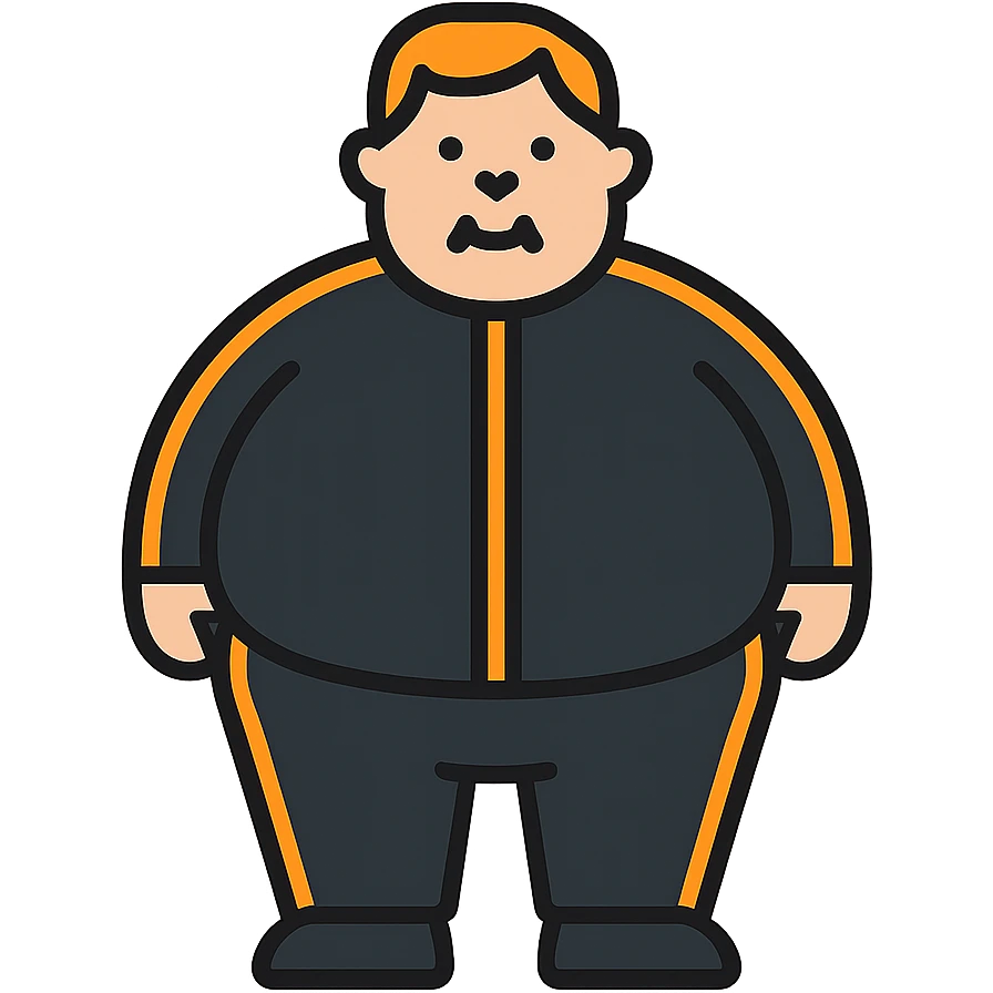 Extremely fat man with orange hair wearing black tracksuit with orange lines emoji