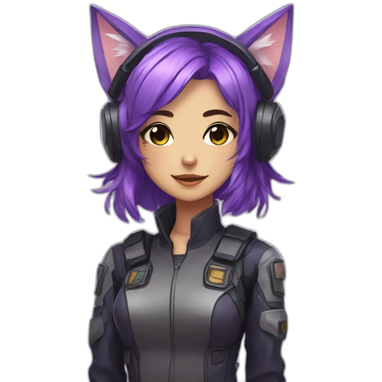 Anime mech pilot girl with purple hair and cat ears emoji