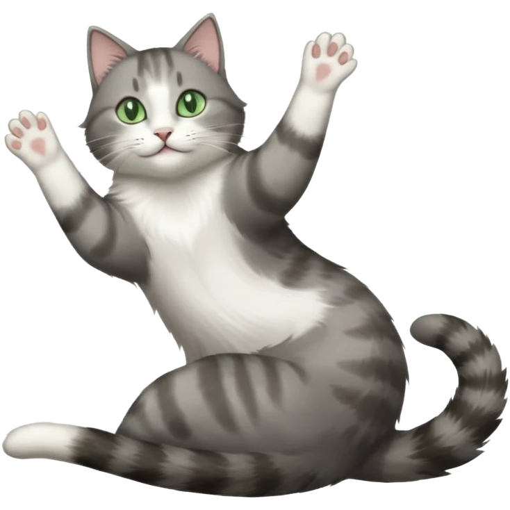grey and white cat with green eyes doing a big extremely long stretch reaching up into the air with arms and legs side by side together straight and overextended whilst lying on its side emoji