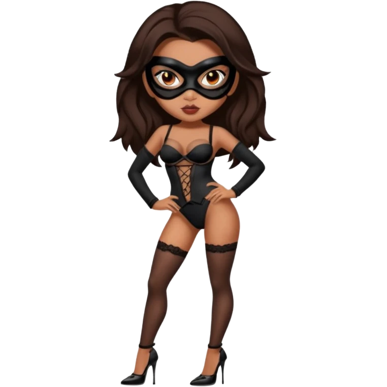 A sexy bratz girl. with caramel skin. Dark brown hair and brown eyes. She has freckles. Wearing sexy makeup. Dressed as a sexy purge mask. wearing lingerie. black heels on emoji