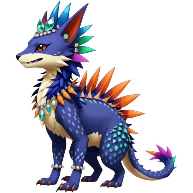 Kawaii cute dark deep colorful warm-colored exotic tropical beautiful pretty elegant divine edgy feline-vernid-sergal-Fakémon-Pokémon-fursona-animal-creature with accessories, jewelries, full body, with intricate detailed markings, spikes, crystals, fins, scales, spiny, feathered, headdress emoji