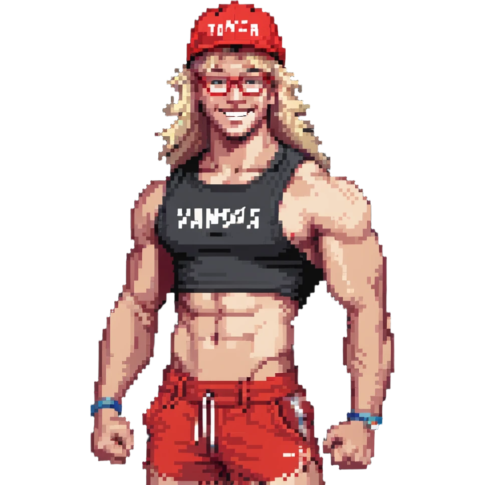 Man with black and white cap with VANOMAS text, bare torso, red shorts, clear glasses, messy light blond mullet hairstyle, smiling and flexing muscles emoji