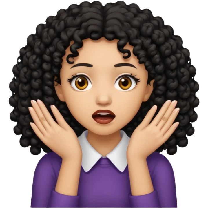 lightskin female with brown eyes and black curly hair choking with both hands emoji