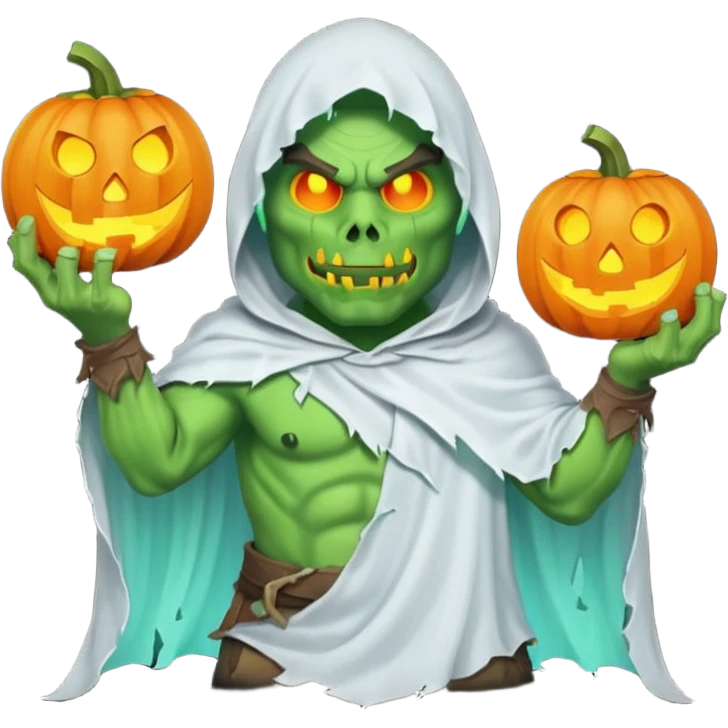 male orc warrior ghost emoji, green skin, wearing torn white ghost sheet costume, holding glowing jack-o'-lantern, faint blue aura, friendly but spooky expression, Halloween fantasy theme, Apple emoji style, clean white background, square emoji