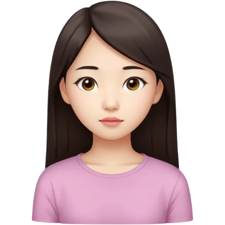 Asian girl, 17 years old, fair skin, oval face, big brown eyes, long straight dark brown hair, soft pink lips, calm expression, wearing a pale yellow top, portrait from head to chest, white background. emoji