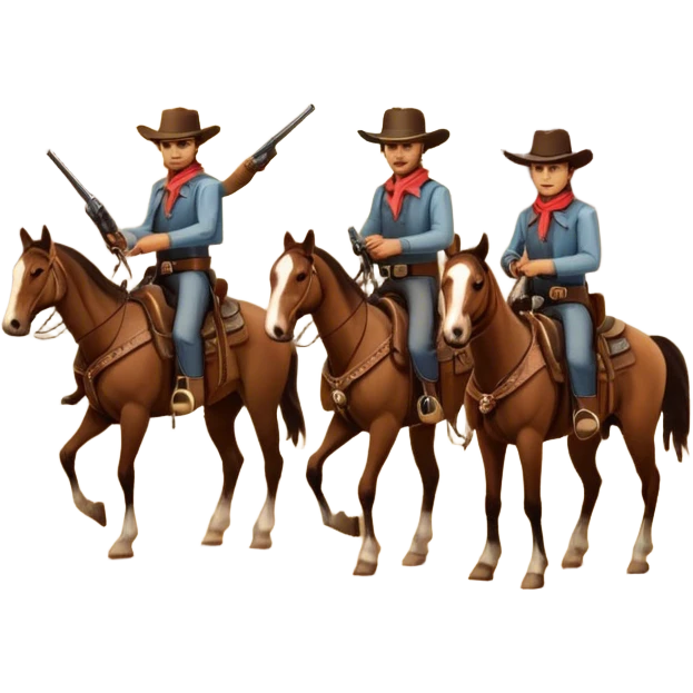 Icon for Western: A vintage movie poster-style design with cowboys on horseback, dusty desert landscape, and a setting sun. Include cowboy hats, revolvers, and an old saloon. The design should have bold typography and a retro cinematic feel. Transparent background. emoji