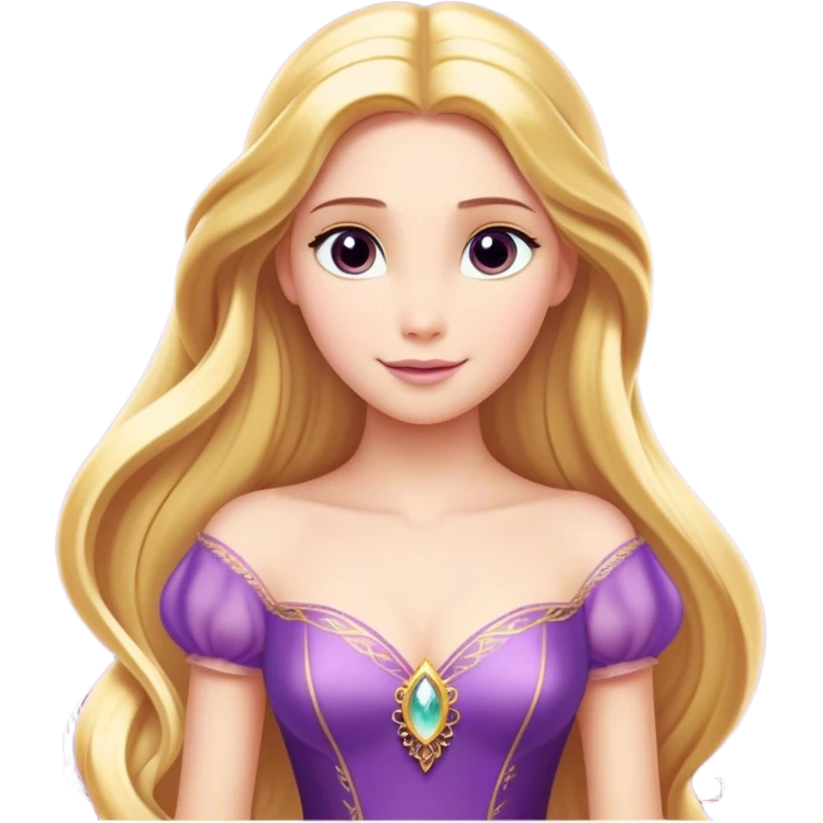 Cinematic Majestic Rapunzel Portrait Emoji, rendered in a clean, vector-style with bold, simplified shapes. Show Rapunzel with a serene, graceful expression, luminous fair skin, and elegantly styled long golden hair, accented by her classic purple gown. The design radiates a majestic, dreamlike glow with high shine and a soft glowing outline, embodying regal beauty. emoji