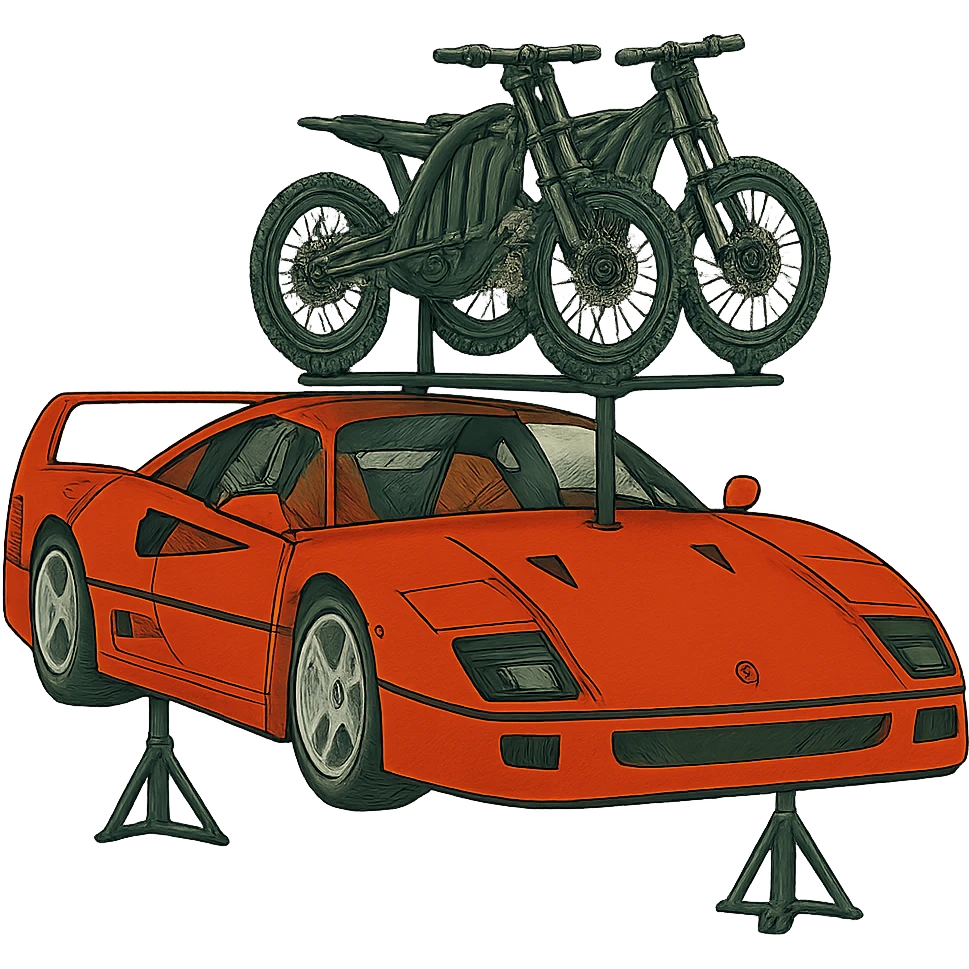 Make the two Sur-Ron electric bikes on the roof rack much smaller in proportion to the stylized Ferrari F40. Keep the background transparent. emoji