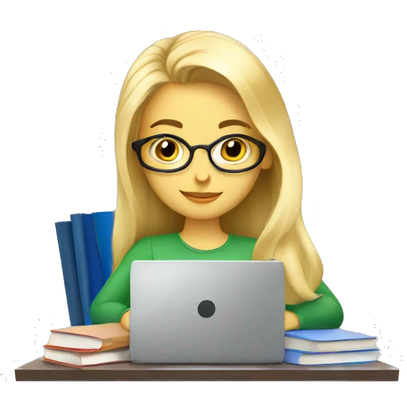 Blond beautiful girl studying with laptop and books emoji