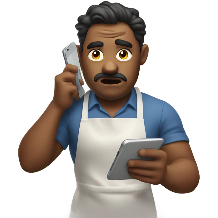 guy who with a frustrated face wearing an apron and scrolling through phone in a concentrated manner emoji