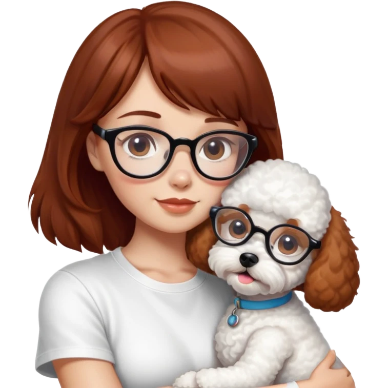 Mahogany haired girl with bangs, white glasses and a white t-shirt hugging a toy poodle dog emoji