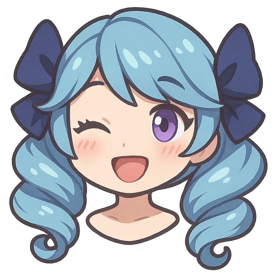 Gwen from League of Legends, happy expression, head only, right eye is purple, chibi style, blushing cheeks emoji
