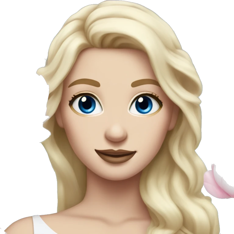 White bride with long light blonde hair and blue eyes with light pink peonies in hair white skin  emoji