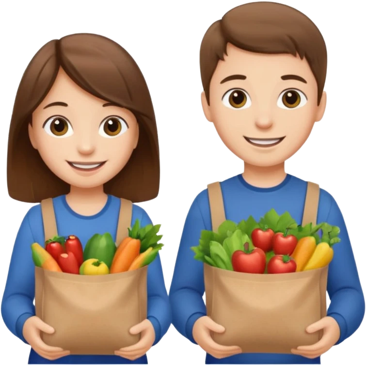 caucasian kids putting groceries in bags smiling brown hair emoji