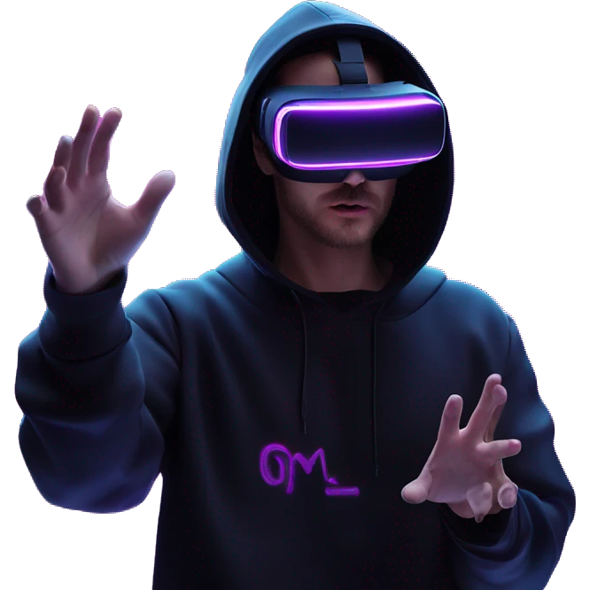 Russian man wearing a black hoodie with "OMG" letters on it and VR headset oculus quest 2 in a cyberpunk VR environment with violet neon lighting. Showing direction with hand emoji