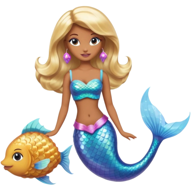 Brown skin blonde hair barbie mermaid with holographic tail  with pufferfish emoji