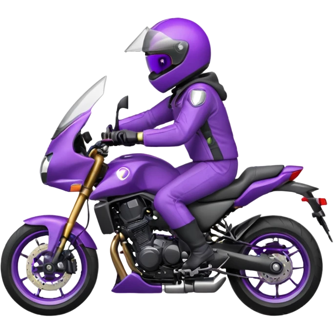 Créer un emoji avec une moto mt07 sport noir mate / violet iridescent très foncé, pare-brise de la moto violet. Avec une pilote dessus, visage masqué par la visière violette . Avec en arrière plan cercle violet. emoji
