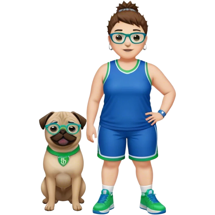 Full Body plus size white female basketball player with short medium brown hair with short  spike hair wearing blue glasses 
With a pug wide nose wearing blue green uniform  green sneakers smiling wearing silver hoop earrings emoji