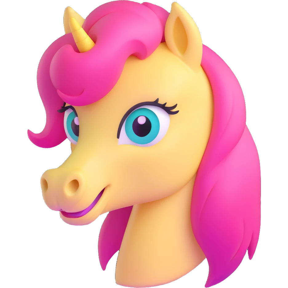 close-up face of pastel yellow pony with pink mane, big teal eyes, shy smile emoji