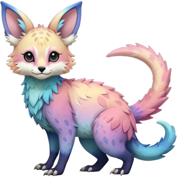 Feral Rare realistic edgy pretty beautiful handsome gorgeous pastel-gradient aesthetic colorful vibrant Vernid-Trico-species-Fakemon-creature by LiLaiRa, random markings, tufted ears, full body emoji