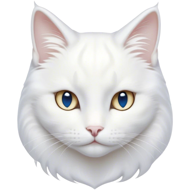 Cinematic Noble White Cat Portrait Emoji, Poised and stately, with a pristine, snow-white fur accented by delicate hints of silver, refined whiskers and a serene, focused gaze, simplified yet impeccably detailed, glowing with an ethereal radiance and timeless elegance, high shine, exuding calm intelligence and regal simplicity, soft glowing outline, capturing the essence of a noble white cat that radiates quiet majesty! emoji