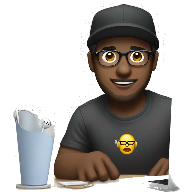 White male dark hair, clear lens glasses in front of a MacBook with overeat headphones on and a backwards hat emoji