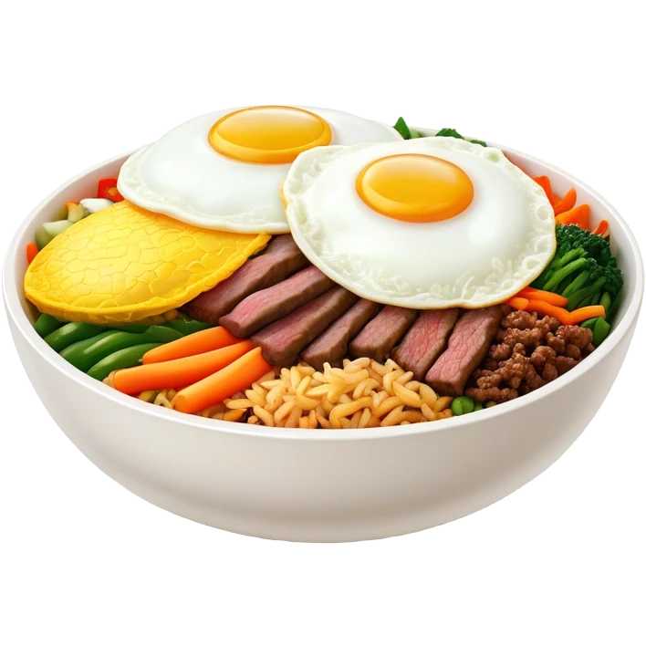 Cinematic Realistic Bibimbap Dish Emoji, showcasing a colorful bowl of mixed rice, assorted vegetables, beef, and a fried egg rendered with lifelike detail and vibrant, harmonious lighting. emoji